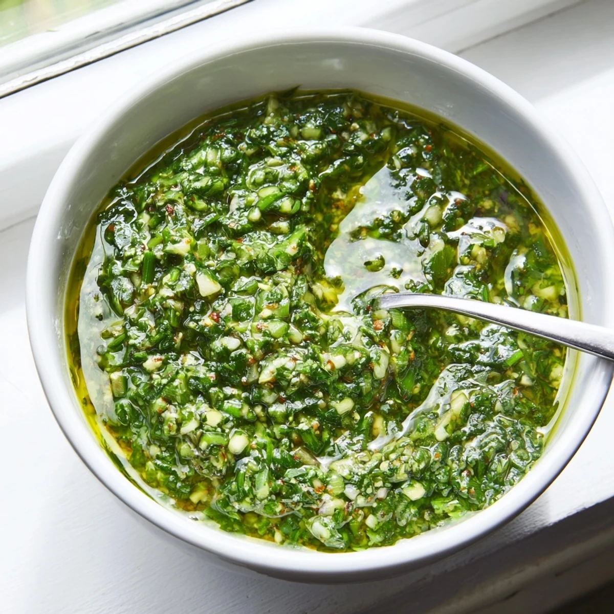 Thick Argentinian chimichurri featuring chopped garlic scapes, parsley, and olive oil in glass serving bowl