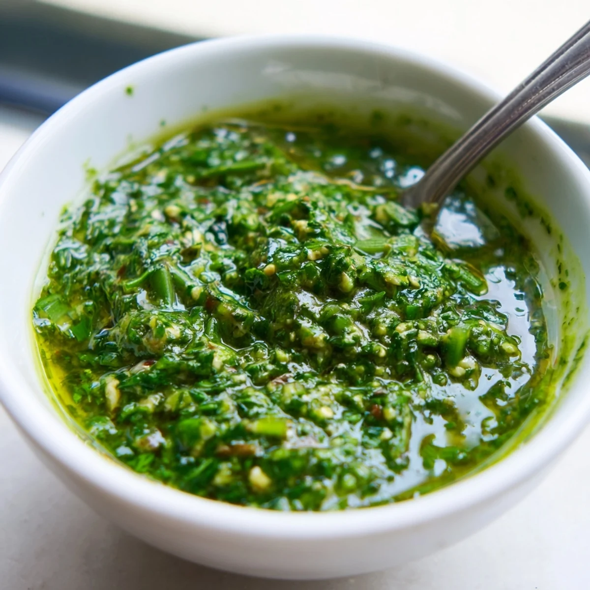 Herbaceous garlic scape chimichurri sauce spooned beside grilled chicken and roasted seasonal summer vegetables