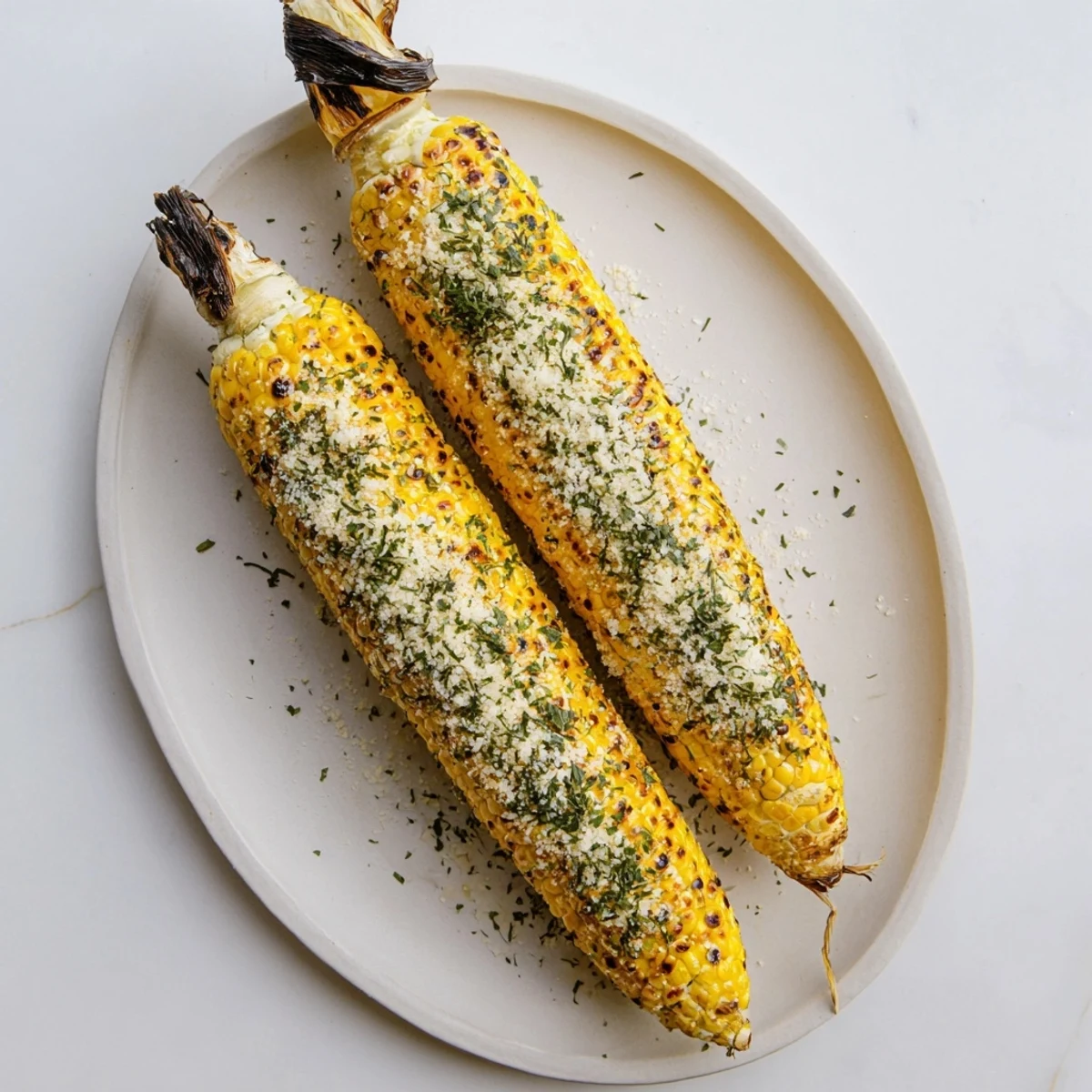Golden grilled corn on the cob coated with zesty parmesan ranch herb mixture