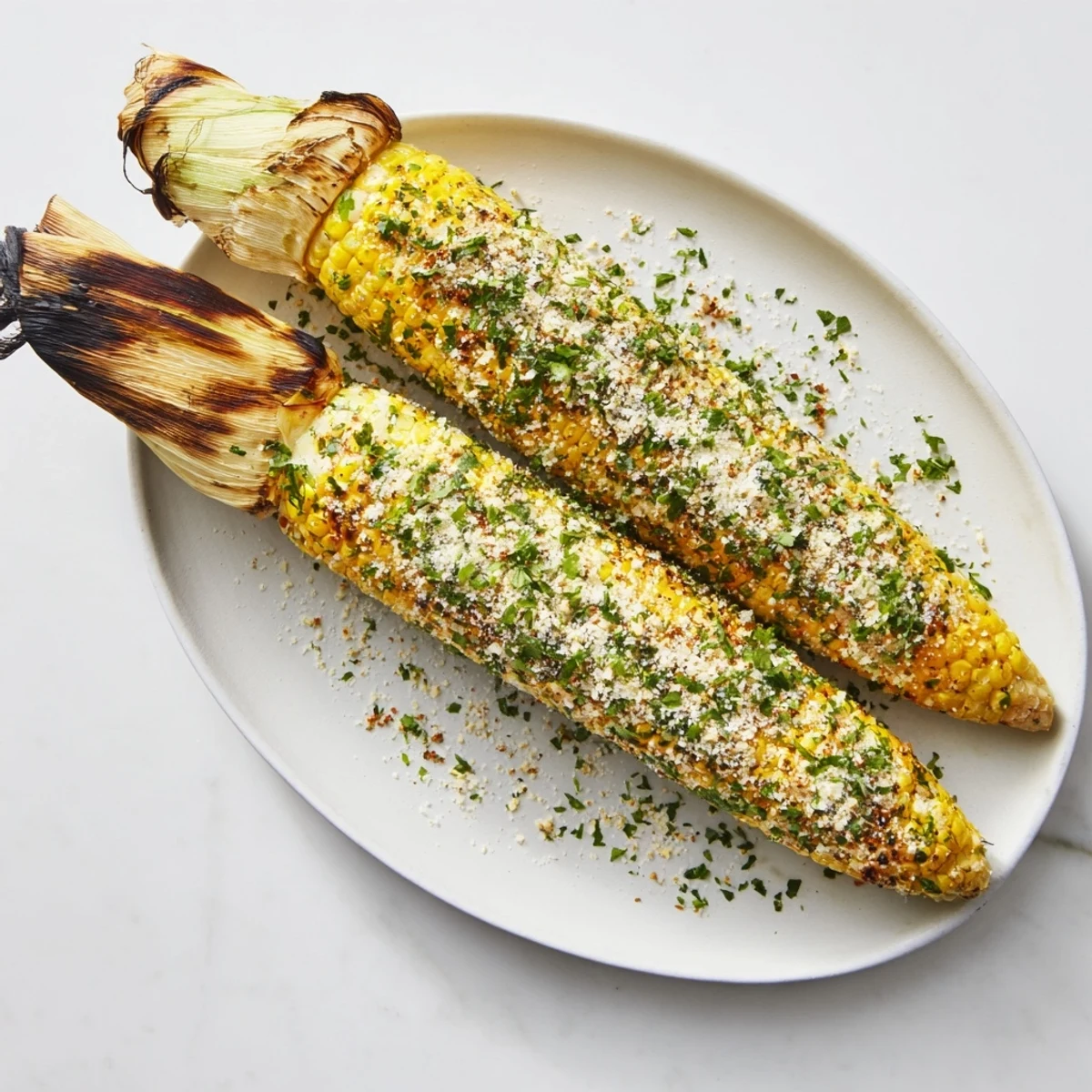 Flame-grilled corn on the cob topped with melted butter and parmesan ranch seasoning blend