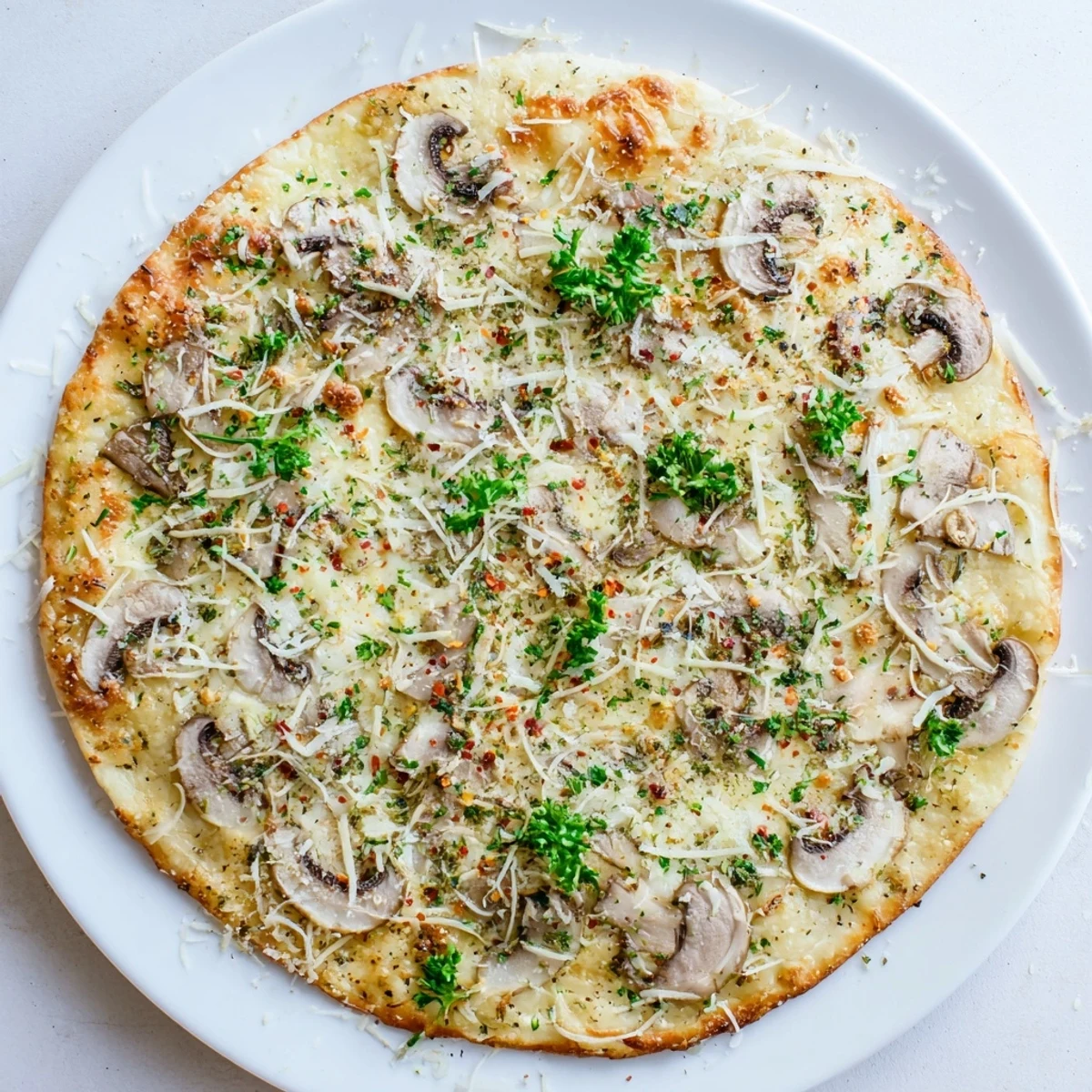 Golden white mushroom mozzarella pizza bubbling with melted cheese and fragrant herbs