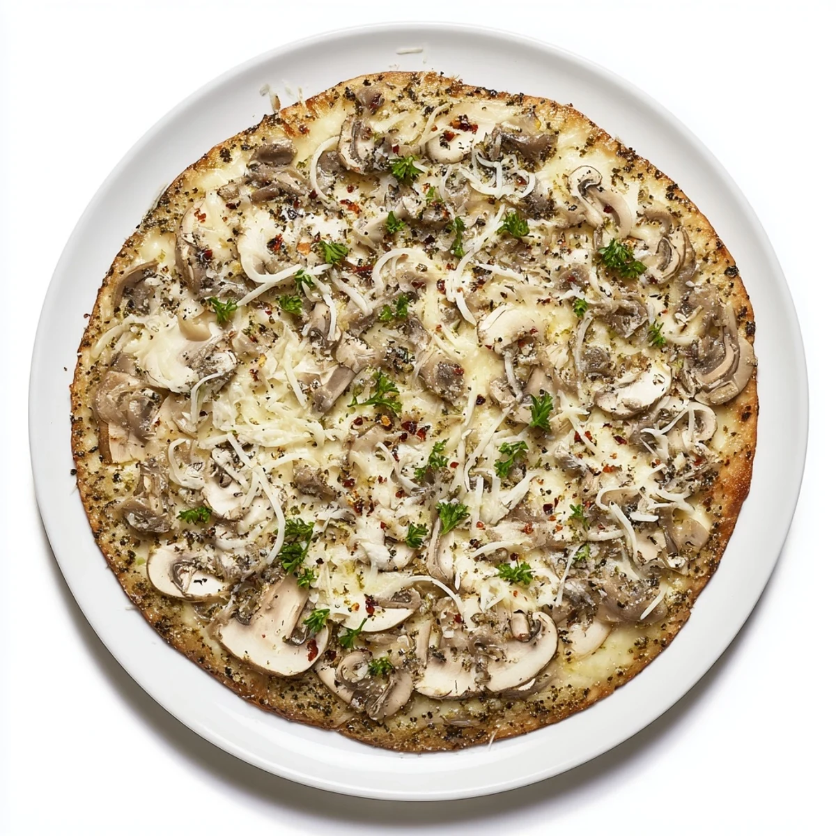 Homemade white mushroom mozzarella pizza garnished with fresh basil and red pepper flakes