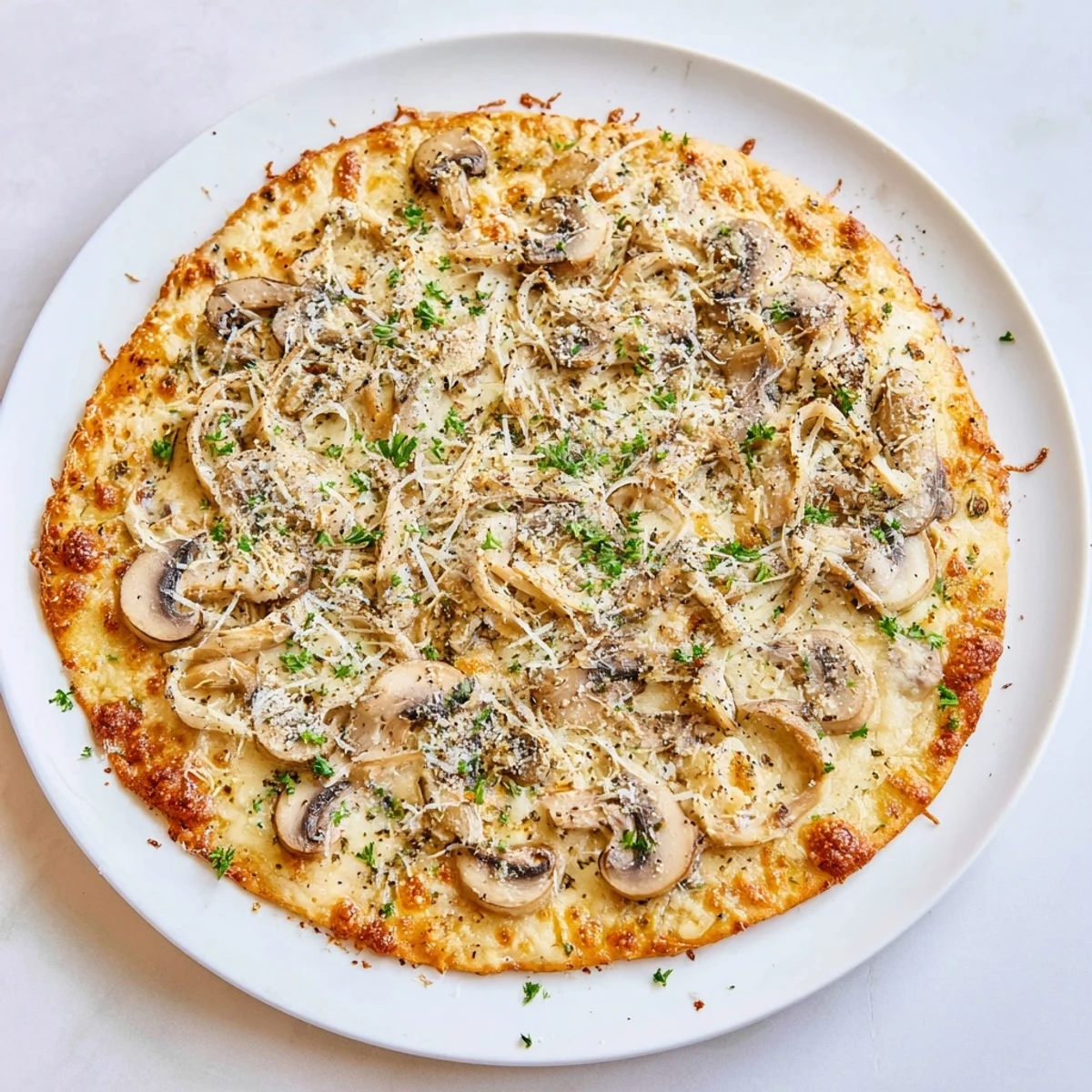 Savory vegetarian pizza topped with sliced mushrooms and gooey mozzarella on crispy crust