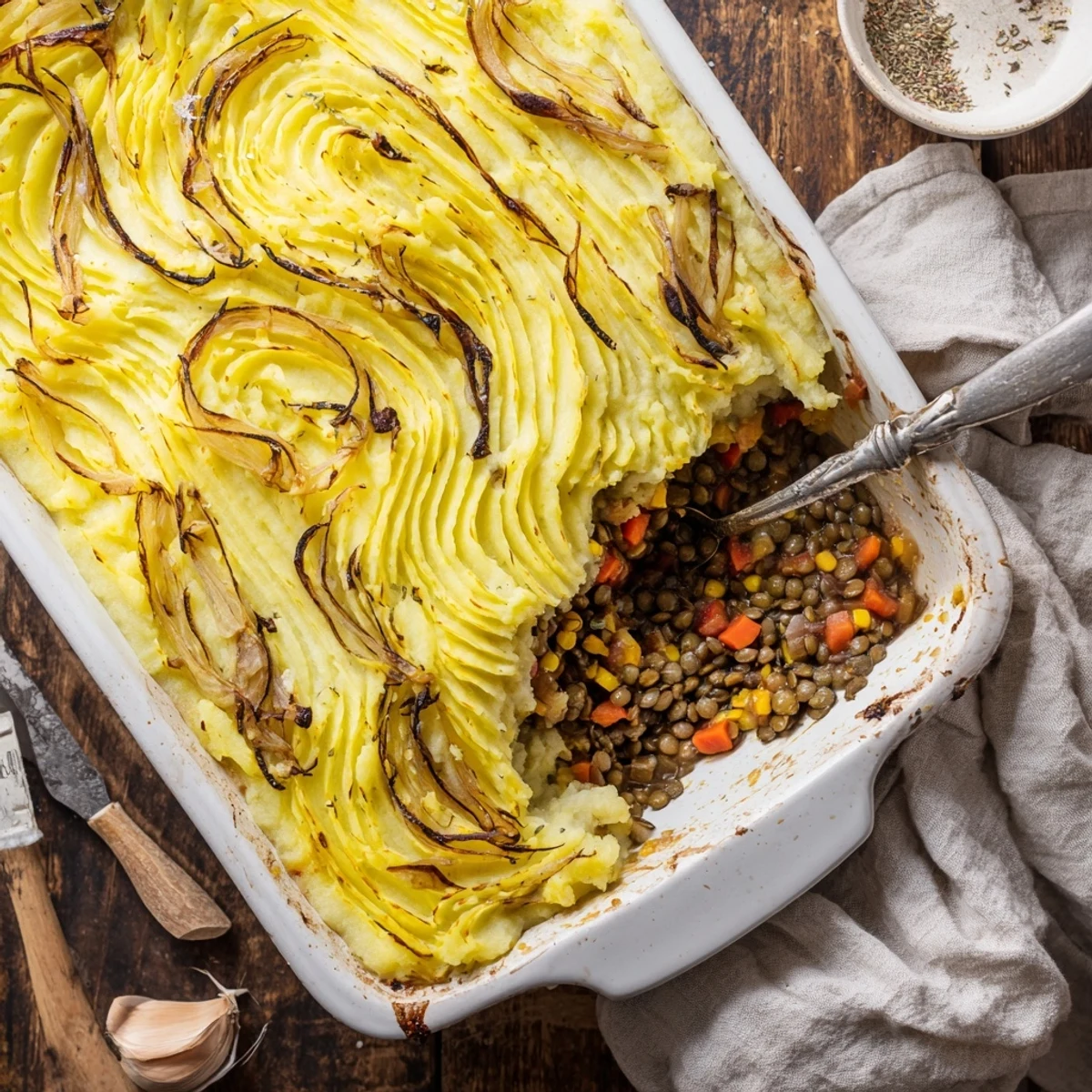 Golden brown vegan French onion shepherd's pie with fluffy mashed potato topping
