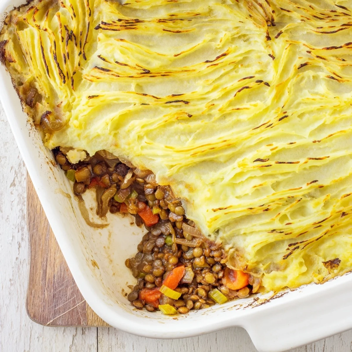 Plant-based shepherd's pie with savory lentils, sweet onions, and creamy mashed potatoes