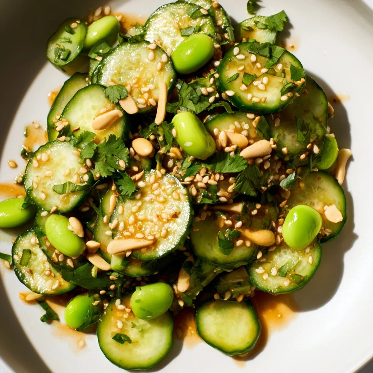 Fresh Japanese edamame cucumber salad with crispy cucumbers and bright sesame dressing topped with toasted sesame seeds