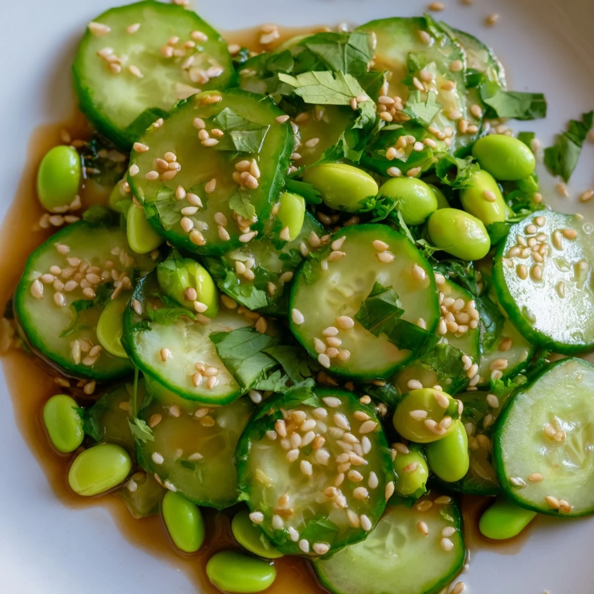 Healthy Japanese edamame cucumber salad plated with green onions and cilantro garnish drizzled with tangy sesame ginger dressing