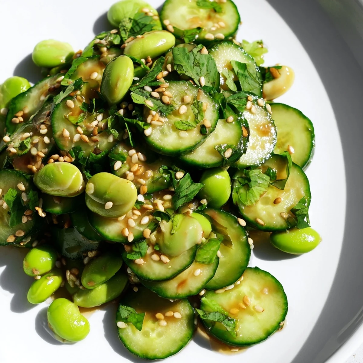 Vibrant green bowl of Japanese edamame cucumber salad featuring tender soybeans and crisp cucumber slices in savory sesame soy dressing