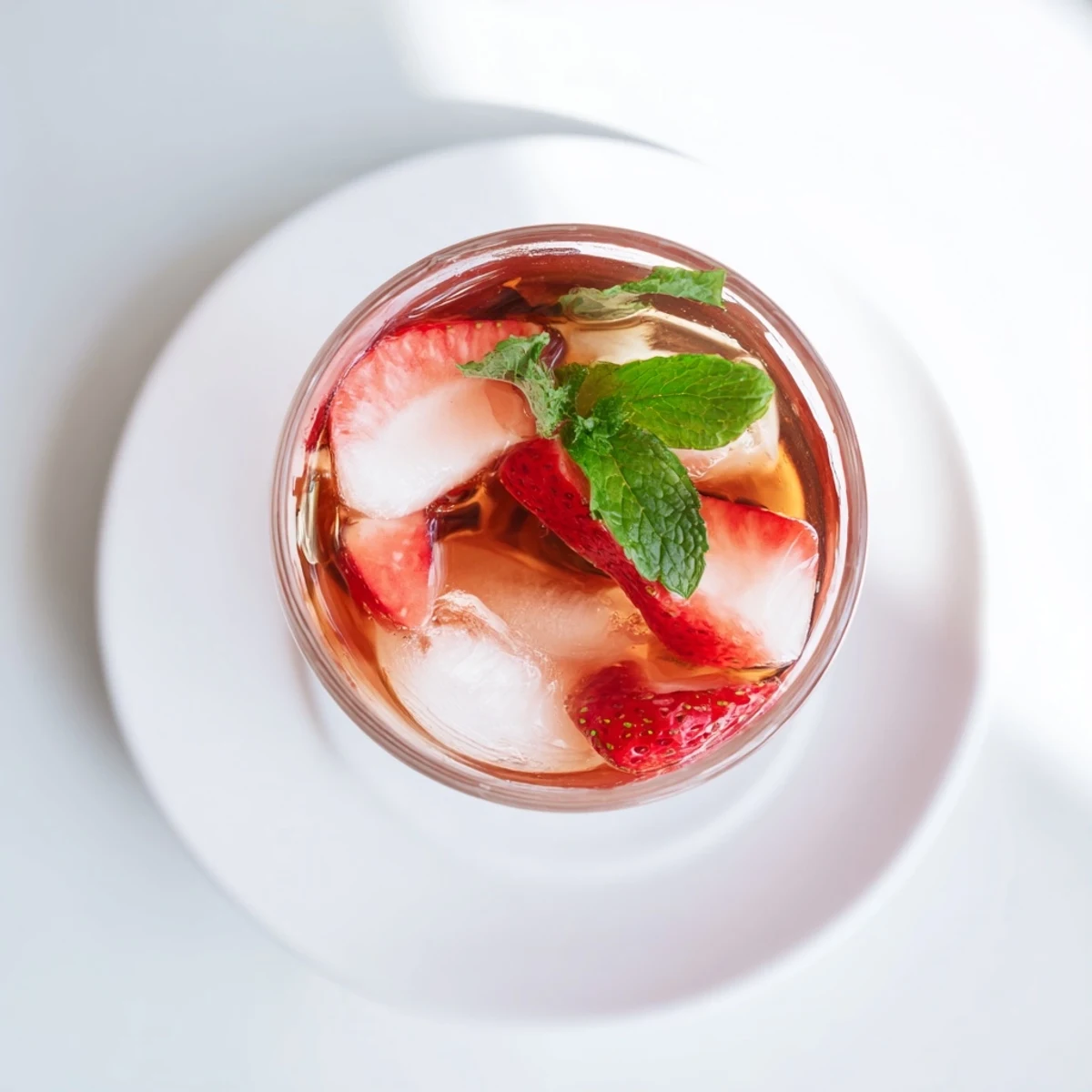 Creamy strawberry Earl Grey milk tea in a glass topped with fresh strawberry slices