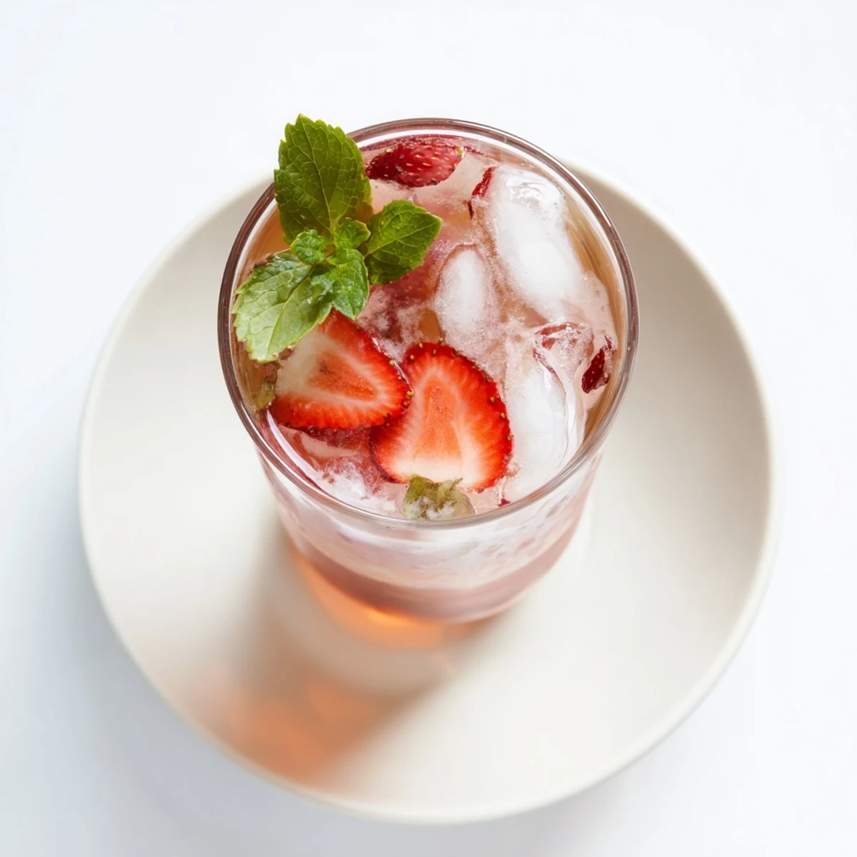 Tall glass of pink layered strawberry Earl Grey tea with floating strawberry garnish