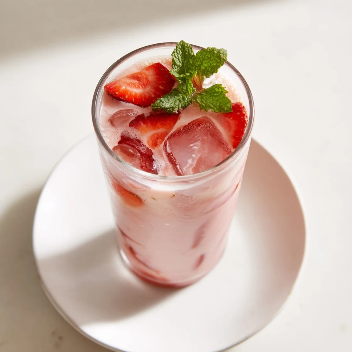 Fragrant Earl Grey milk tea infused with sweet homemade strawberry syrup over ice