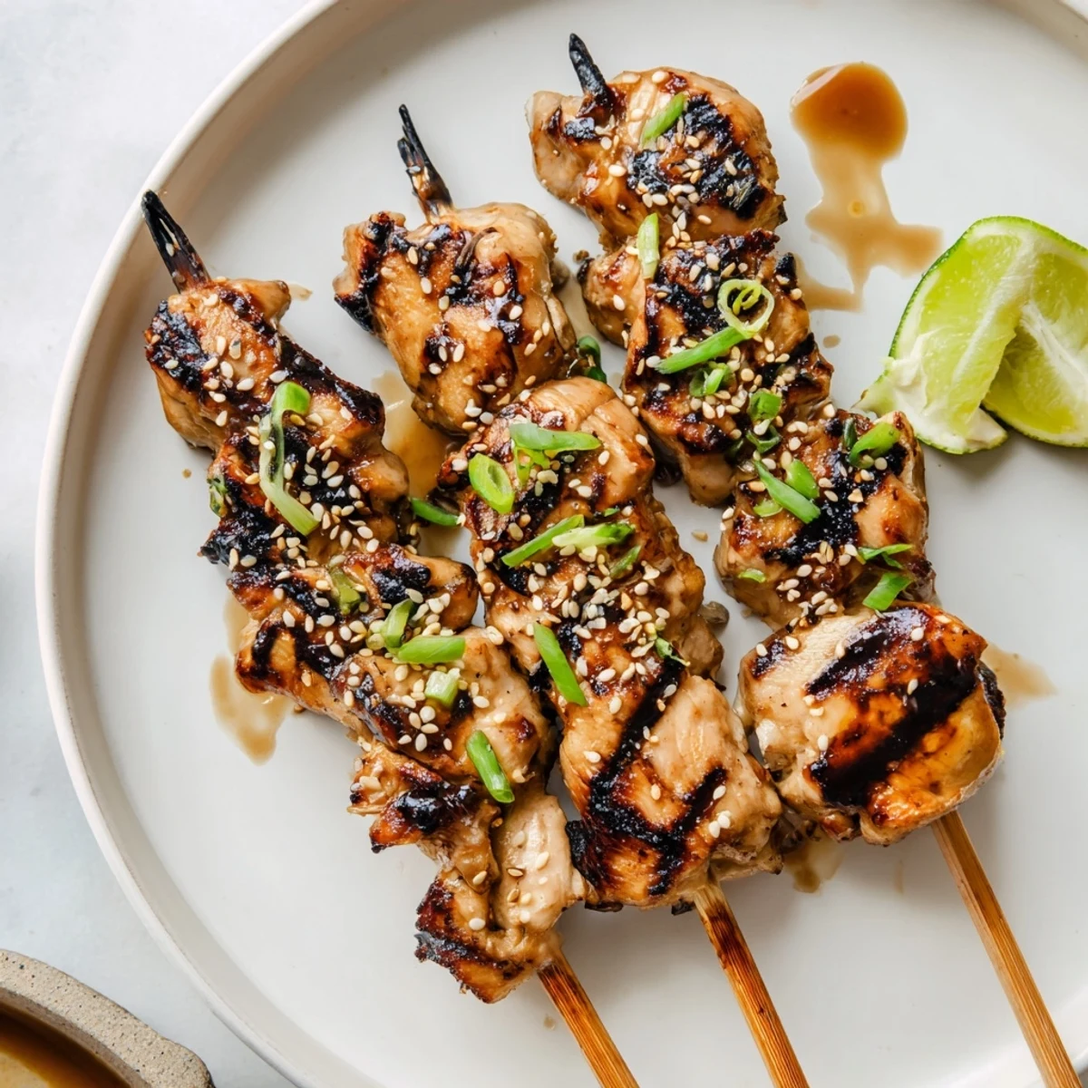 Grilled Asian Chicken Skewers With Honey Garlic Sauce glistening, charred edges, sesame garnish.