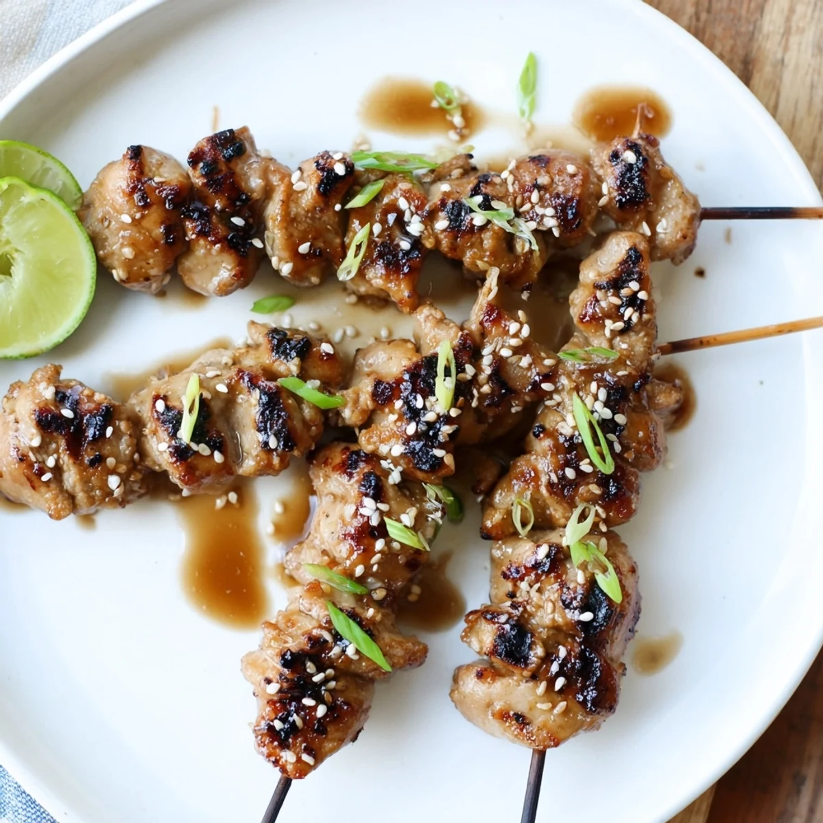 Charred and steaming, Grilled Asian Chicken Skewers With Honey Garlic Sauce served with lime.