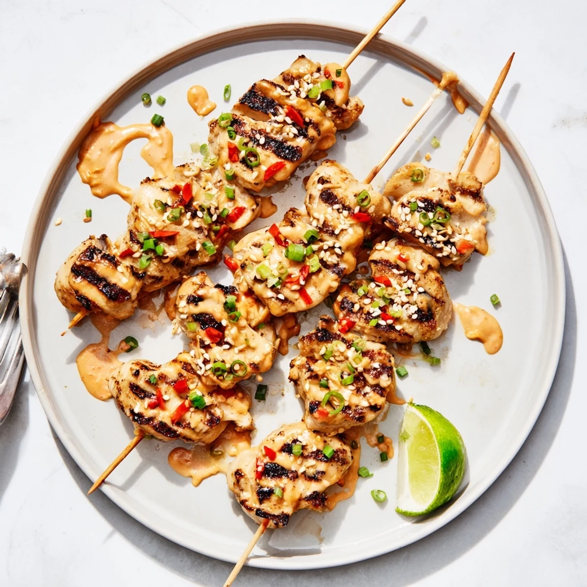 Grilled Bang Bang Chicken Skewers glistening with spicy creamy sauce, charred edges  