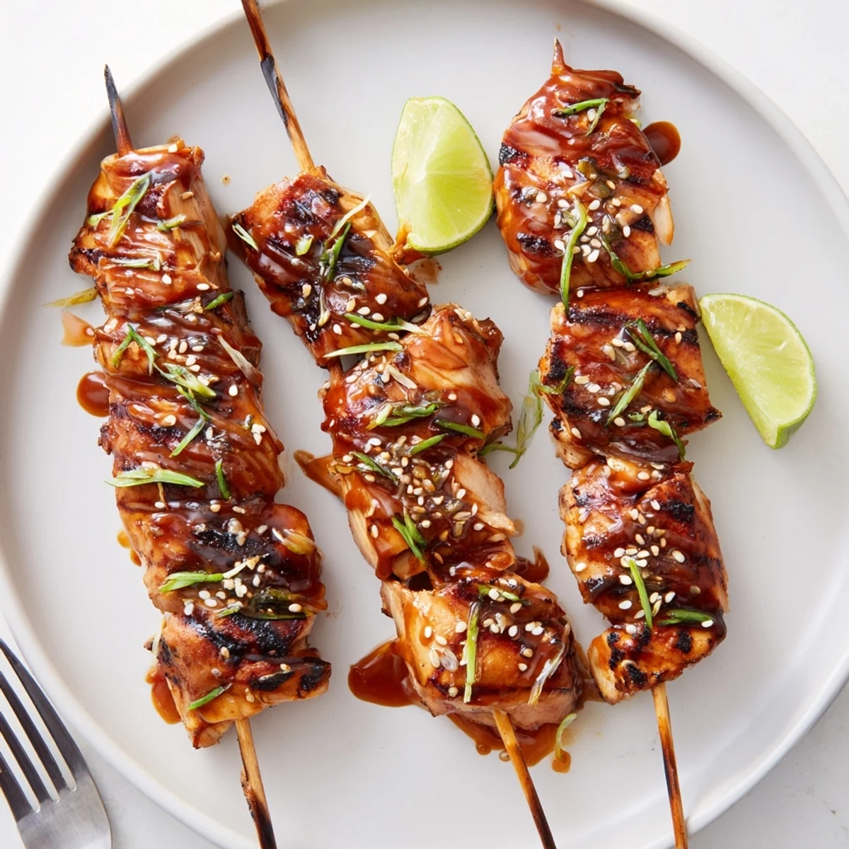 Summer picnic Grilled Bang Bang Chicken Skewers plated with lime wedges  