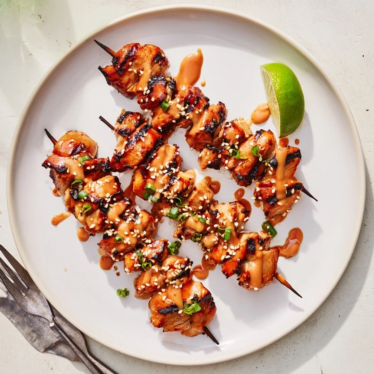 Juicy Grilled Bang Bang Chicken Skewers brushed with sauce, sesame-crisp garnish