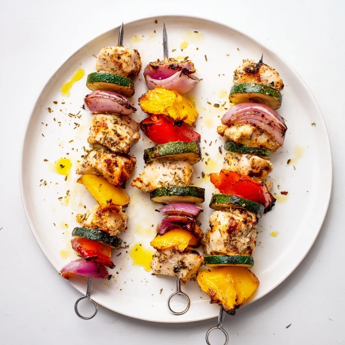 Smoky, juicy Chicken Kabobs On The Grill with charred peppers and zucchini