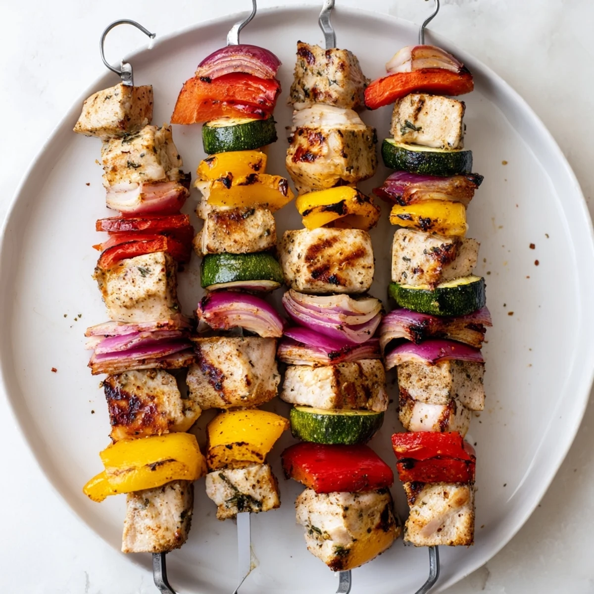 Tender herb-marinated Chicken Kabobs On The Grill sizzling over hot coals