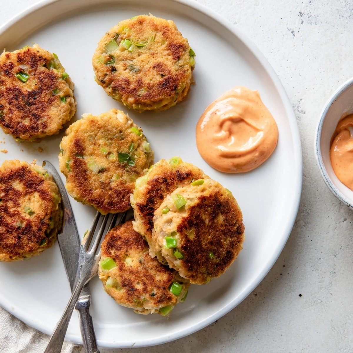 Golden brown Asian tuna cakes pan-fried to crispy perfection with spicy mayo dipping sauce