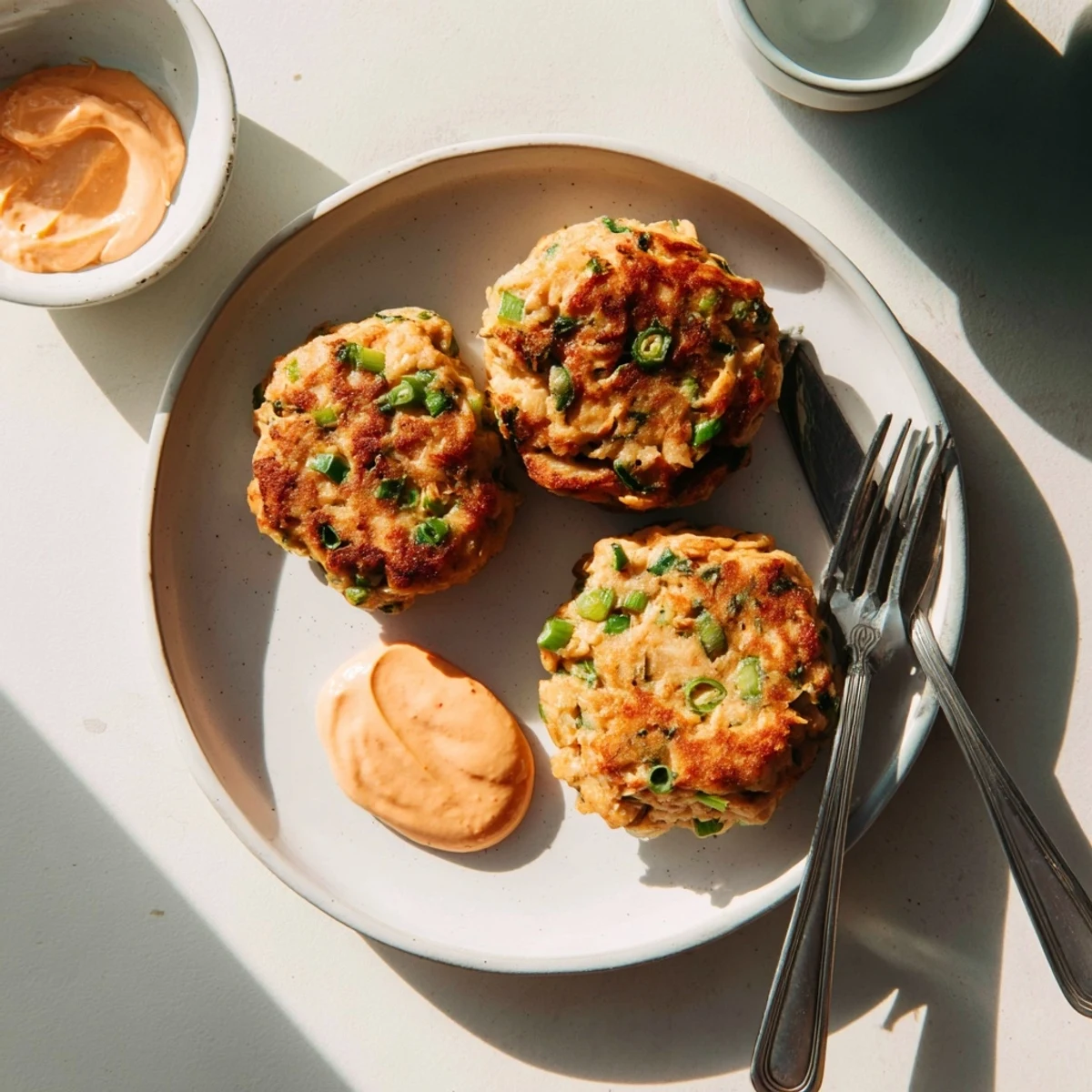 Crispy pan-seared Asian tuna cakes garnished with green onions and spicy mayonnaise sauce