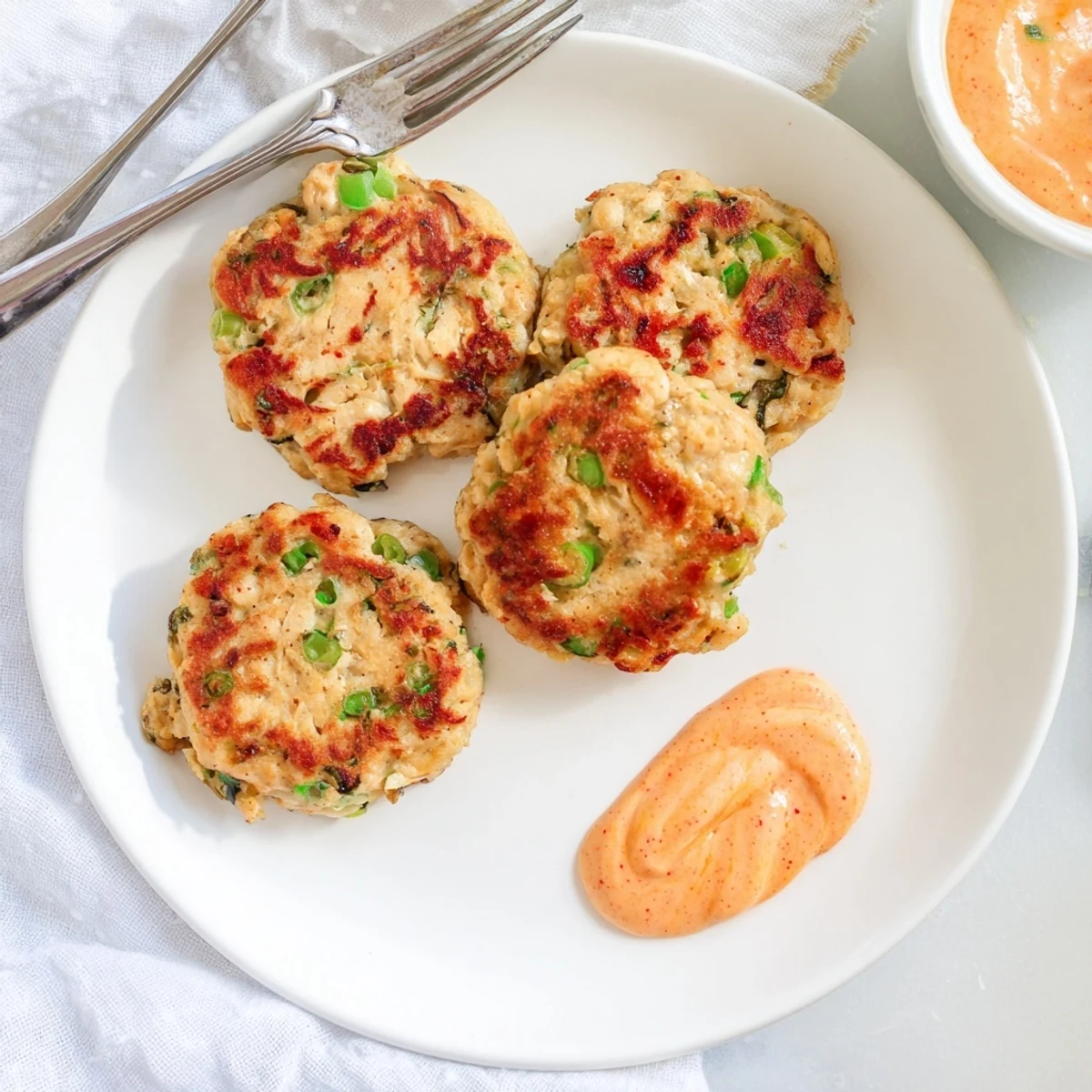 Fresh herb and ginger Asian tuna cakes served with creamy Sriracha mayo for dipping