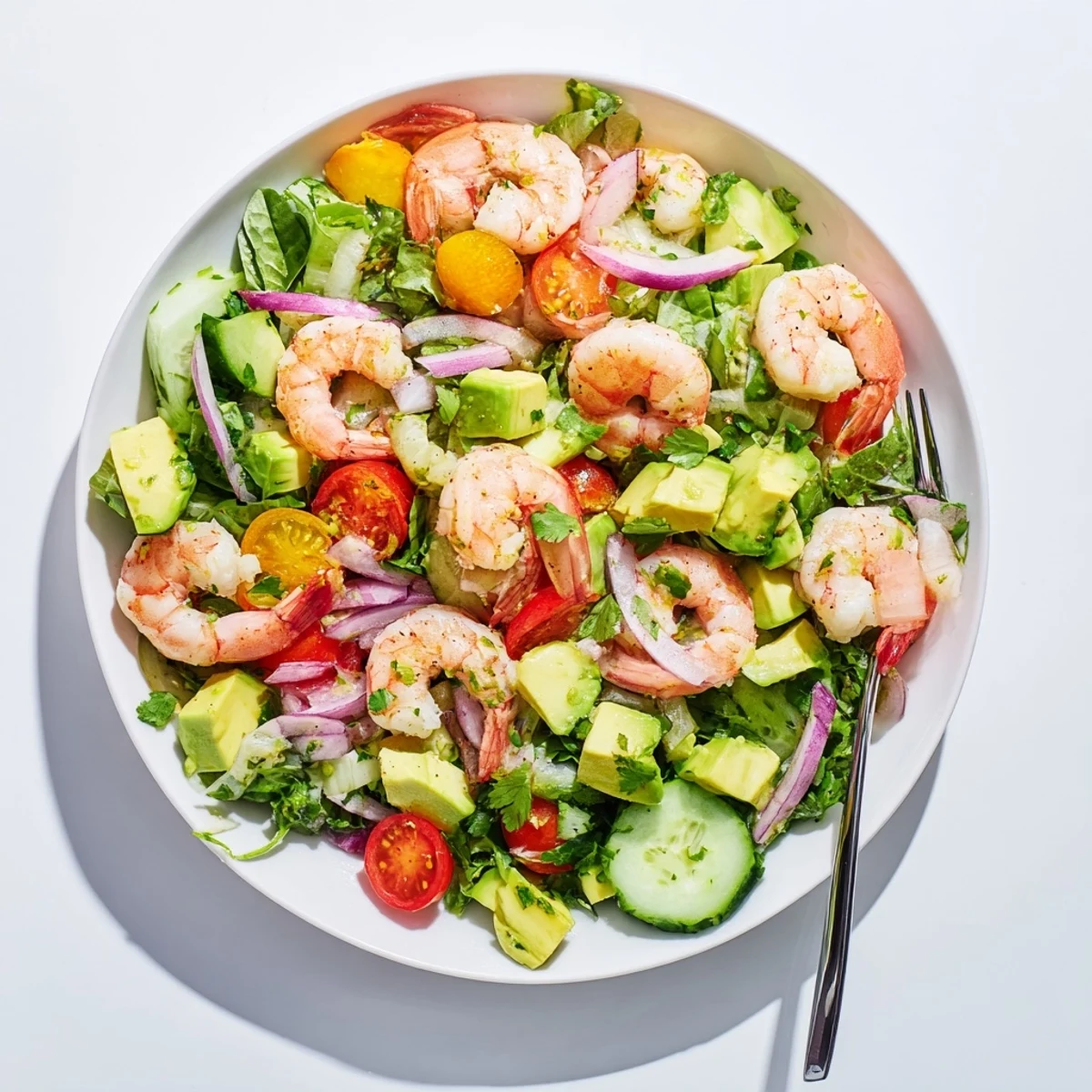 Fresh shrimp avocado salad recipe featuring plump pink shrimp, creamy avocado chunks, and vibrant vegetables drizzled with zesty citrus dressing