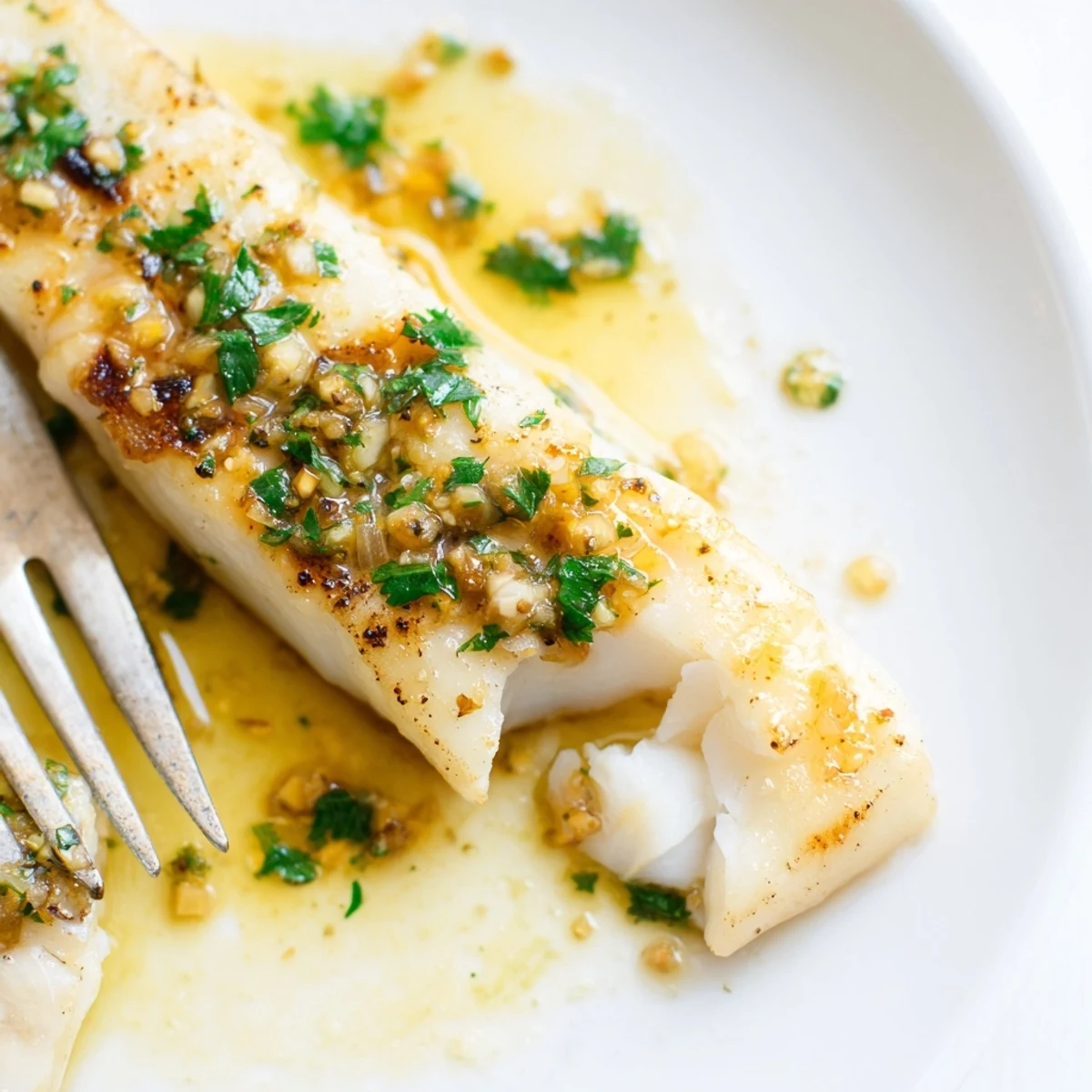 Golden pan-seared lemon garlic fish fillets garnished with fresh parsley and lemon wedges on a white plate