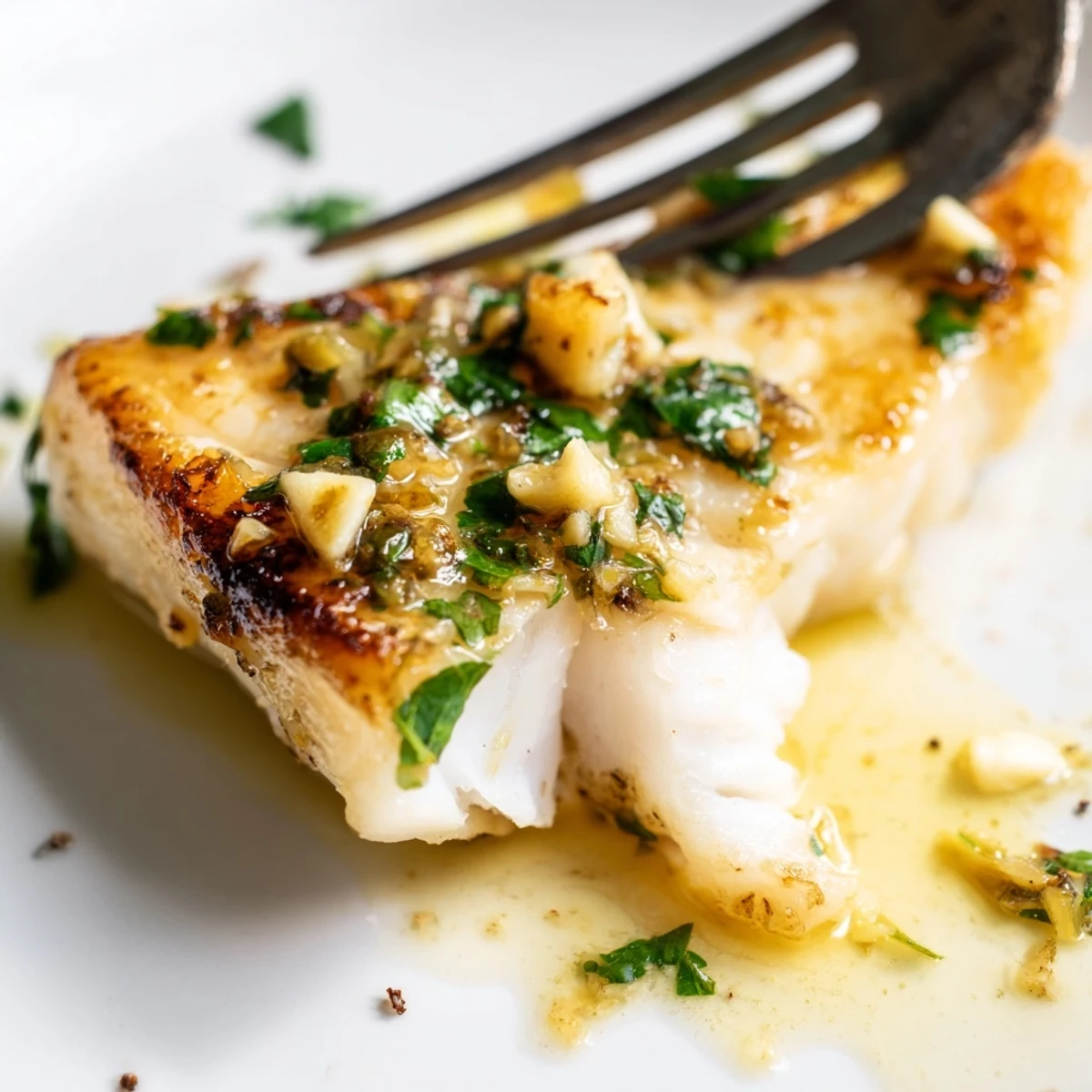 Mediterranean-style lemon garlic fish recipe showing flaky cooked fillets served with zesty lemon wedges and chopped herbs