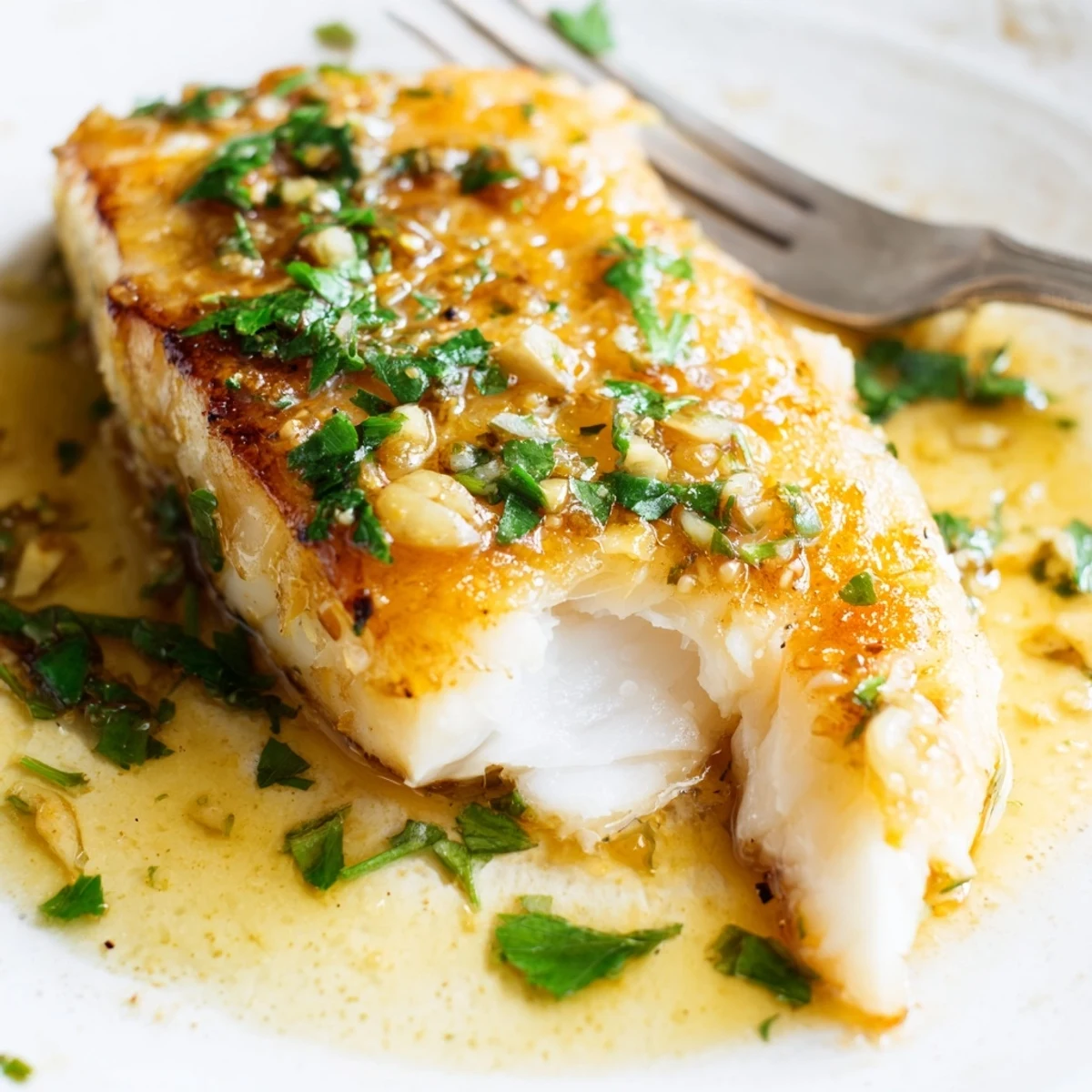 Tender baked white fish marinated in bright lemon juice and aromatic garlic, finished with green parsley sprinkles
