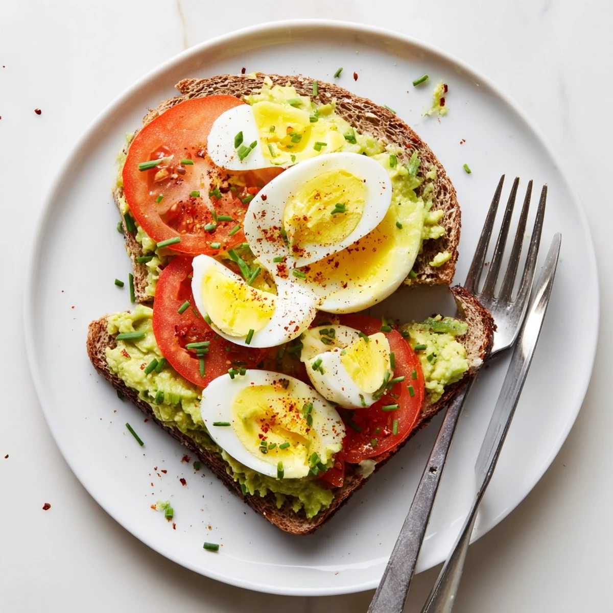 Golden avocado toast with tomato and hard boiled egg recipe layered on crispy whole grain bread
