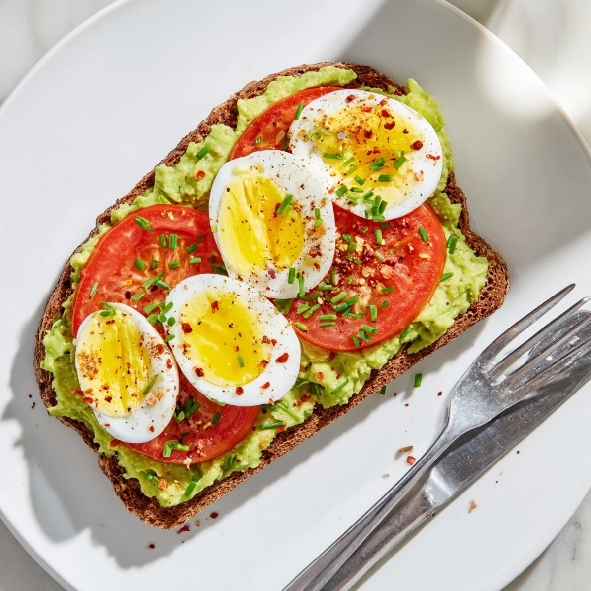 Sliced avocado toast with tomato and hard boiled egg recipe arranged on rustic sourdough with seasonings