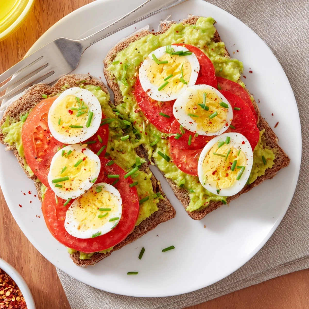 Creamy avocado toast with tomato and hard boiled egg recipe topped with fresh chives and red pepper flakes