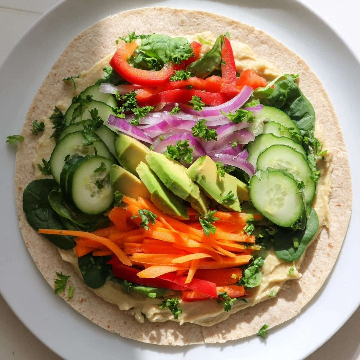 Cross-section of a heavenly hummus wrap revealing layers of tender greens, cucumber, bell pepper, and grated carrot nestled inside