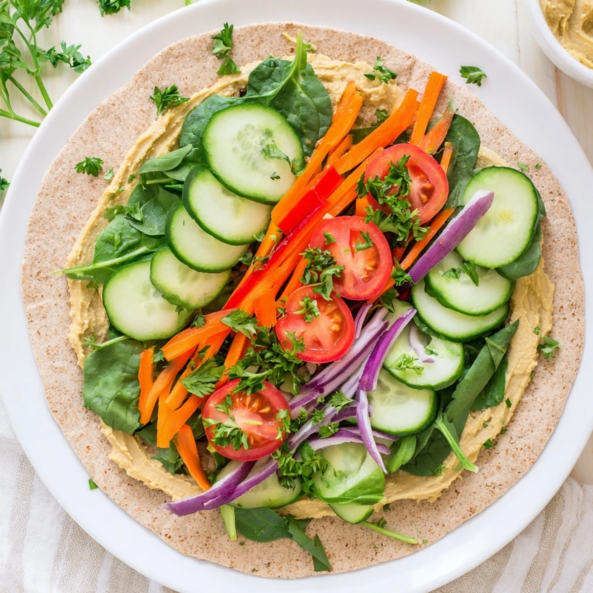 Golden whole wheat tortilla wrapped around creamy hummus and vibrant crisp sliced vegetables for a fresh Mediterranean lunch