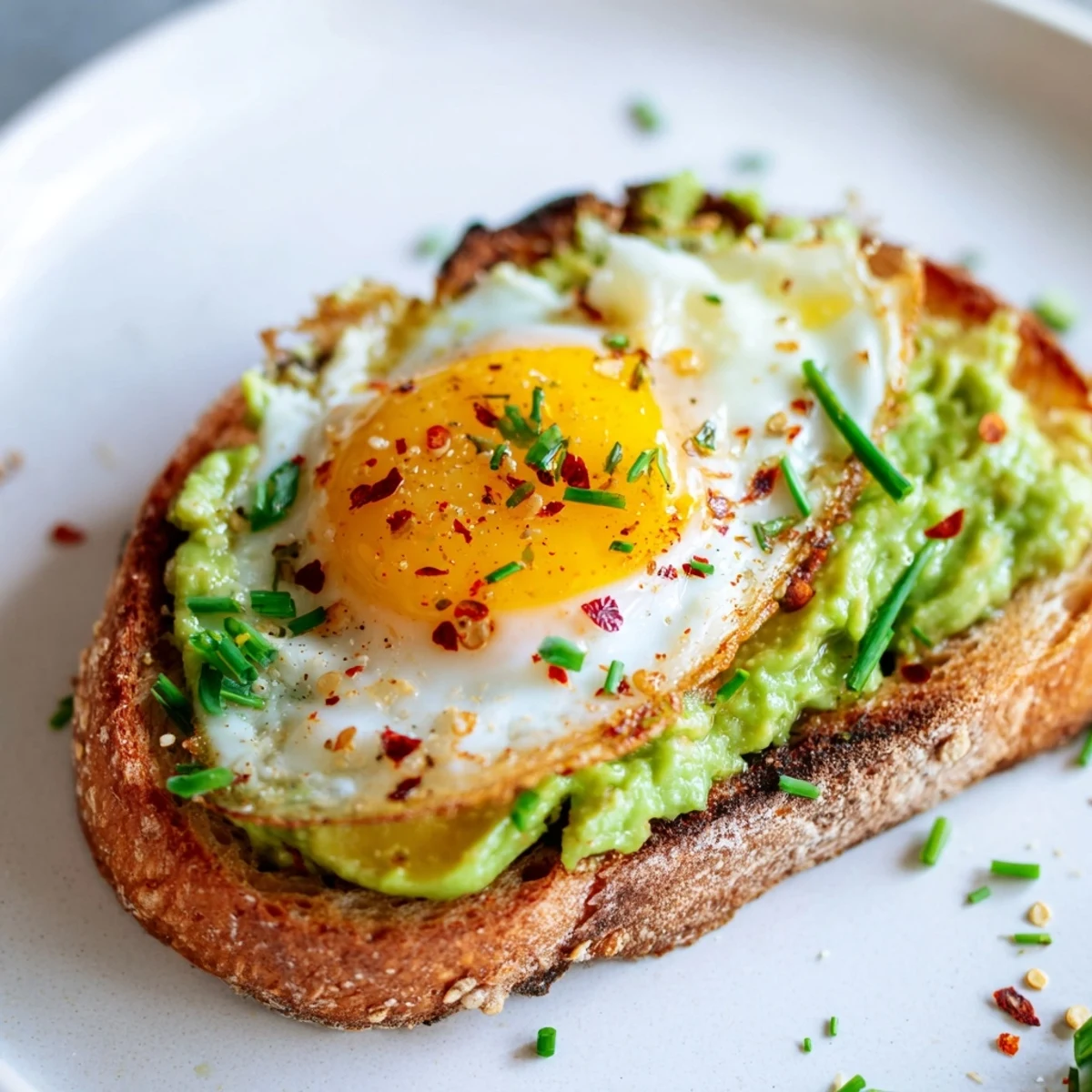 Golden brown toast layered with creamy mashed avocado topped with a perfectly cooked fried egg