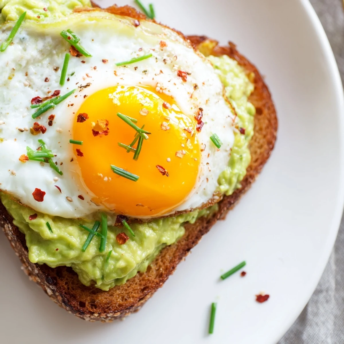 Simple avocado toast with egg featuring red pepper flakes and fresh herbs on toasted whole grain bread