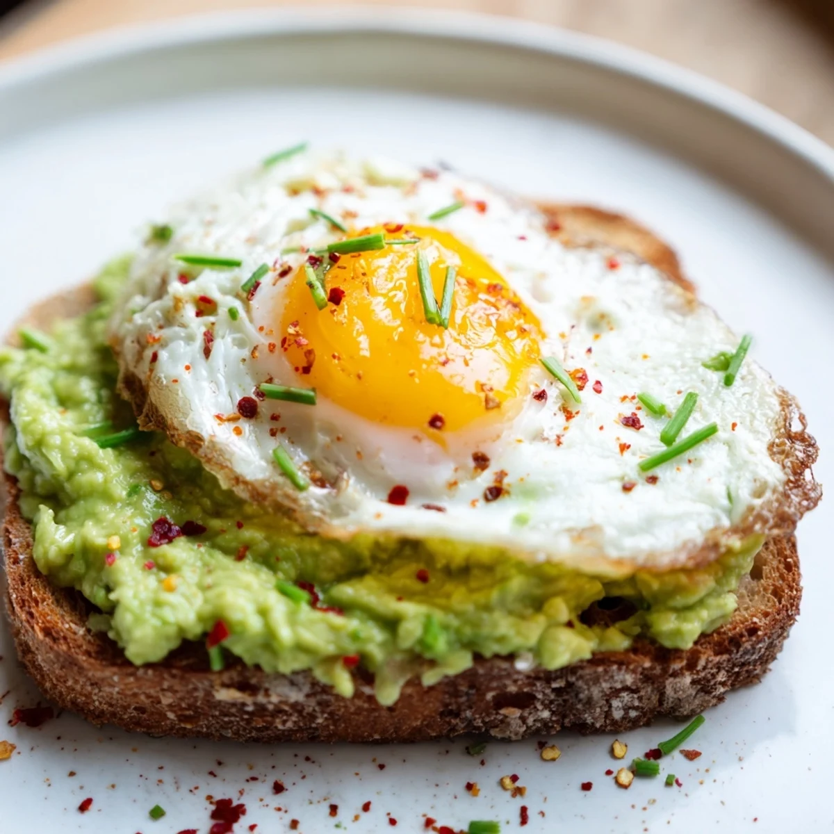 Easy breakfast recipe showing sliced sourdough bread spread with ripe avocado and a sunny-side-up egg