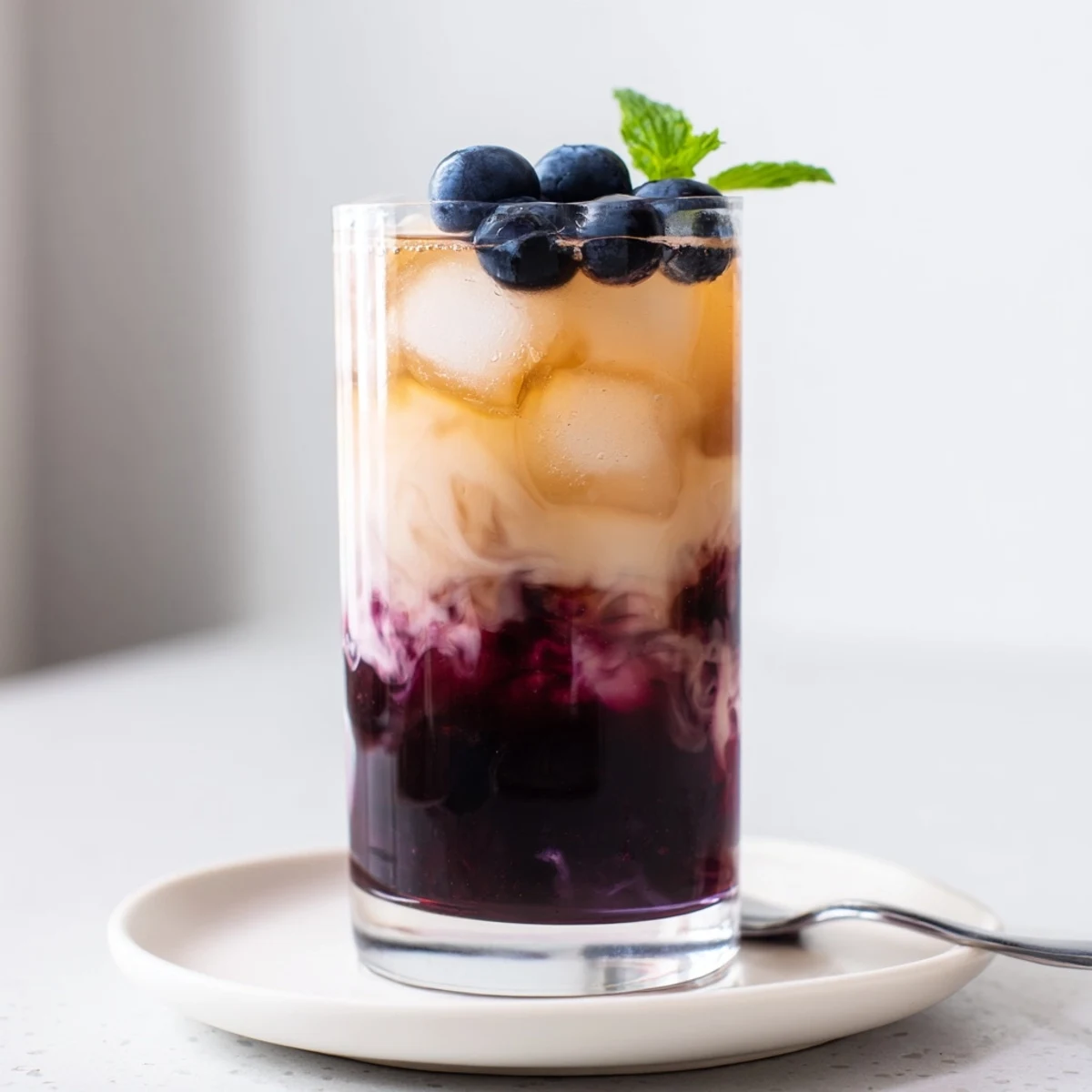 Tall glass of Blueberry Milk Tea Cooler, fresh blueberries and honey drizzle