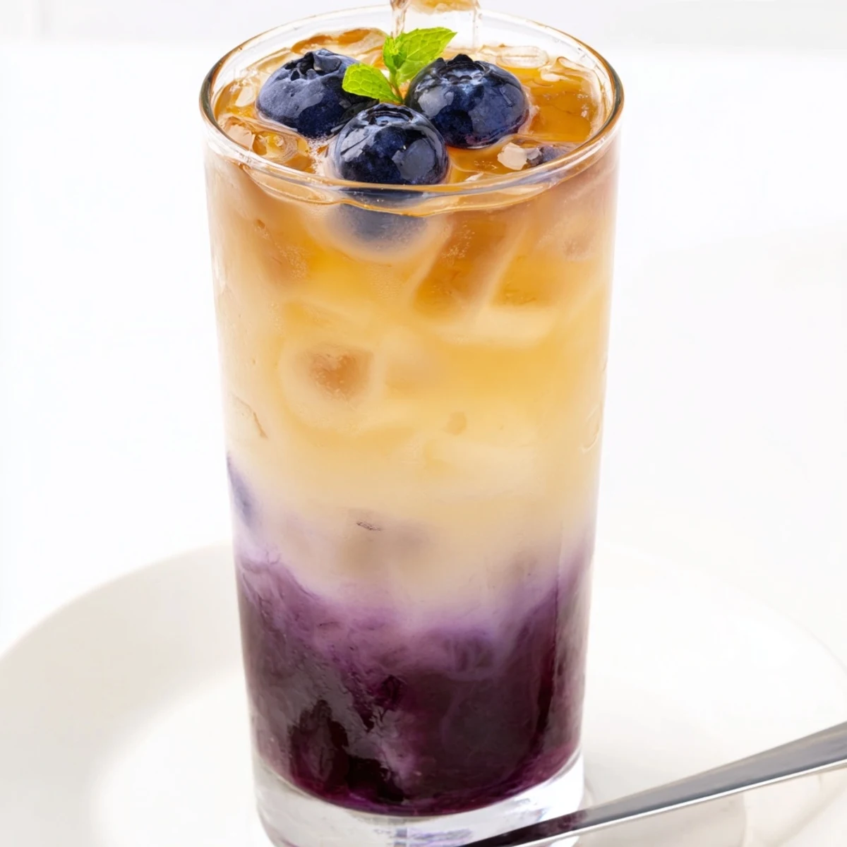 Blueberry Milk Tea Cooler showing layered tea and milk, bright blueberry syrup