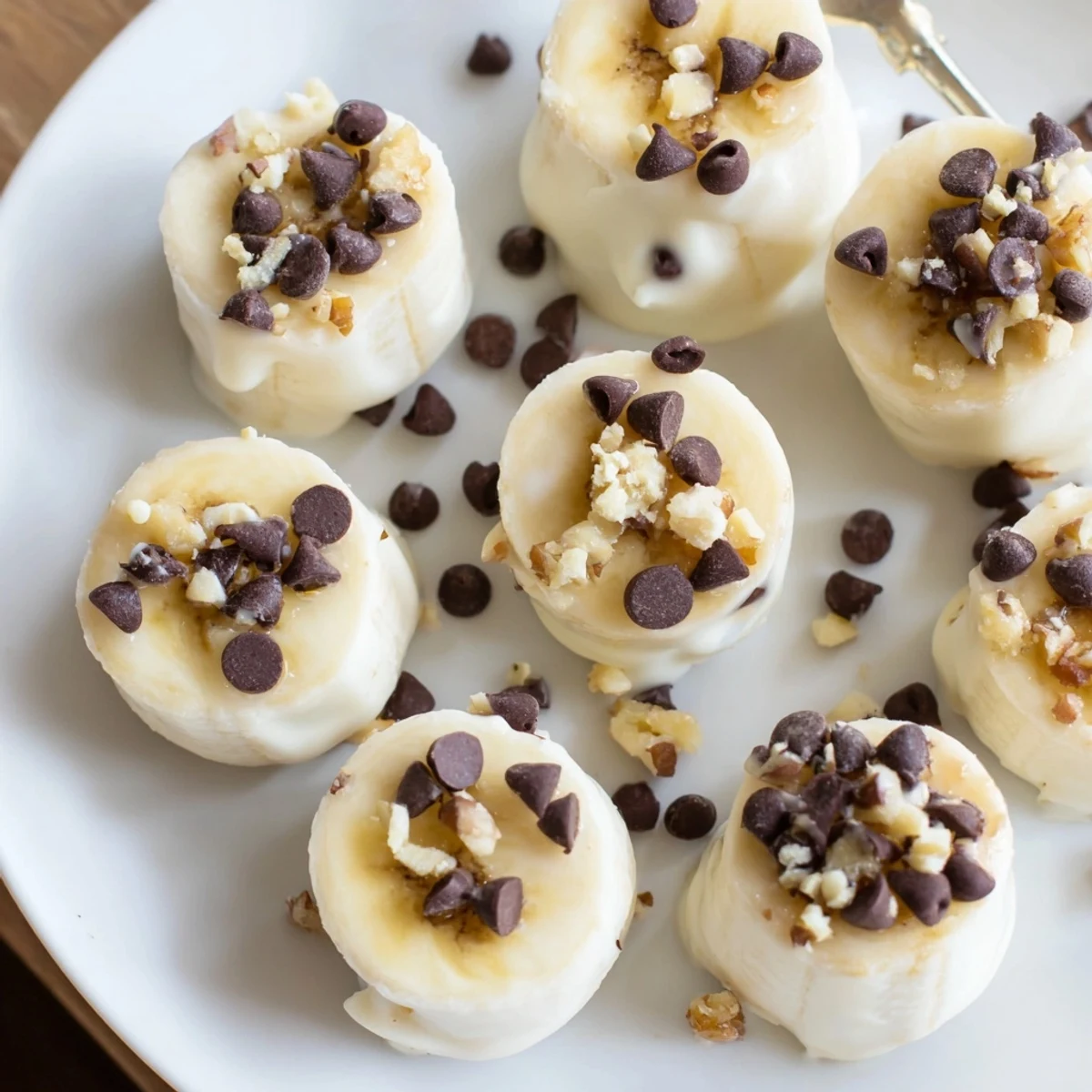 Close-up of Frozen Banana Yogurt Bites sprinkled with mini chips, chilled