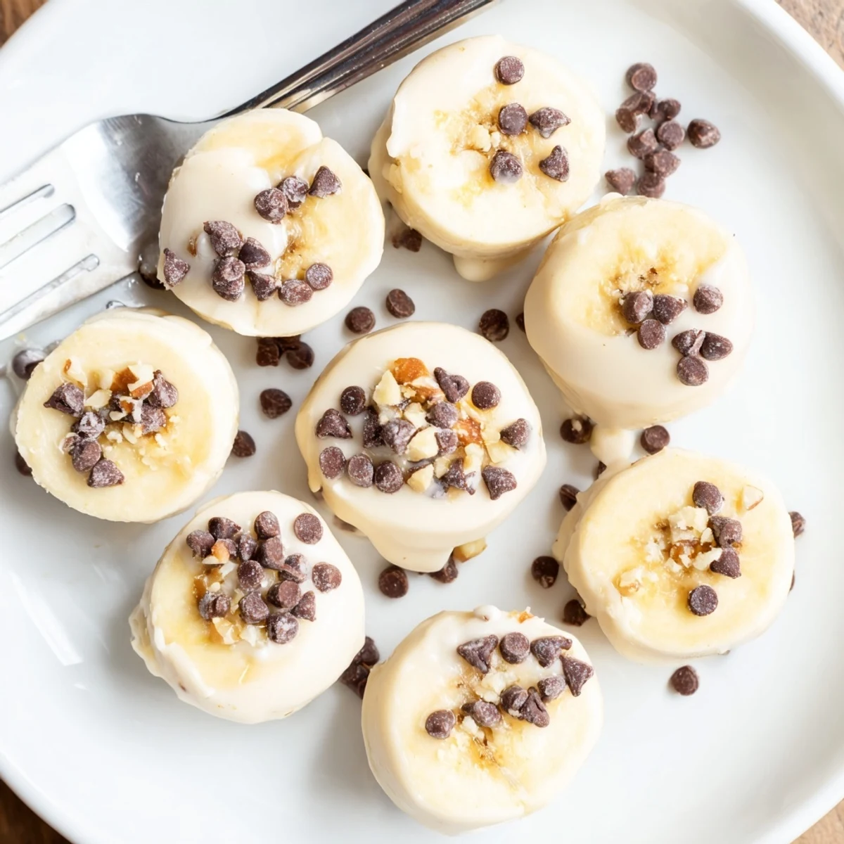Party-ready Frozen Banana Yogurt Bites on tray, nutty crunch and cool