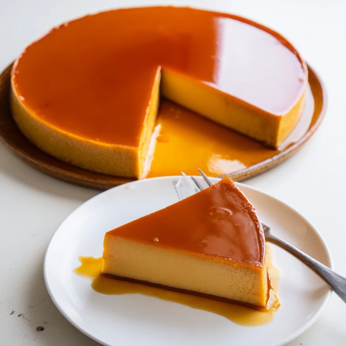 Silky Flan Napolitano topped with amber caramel, sliced and ready to serve