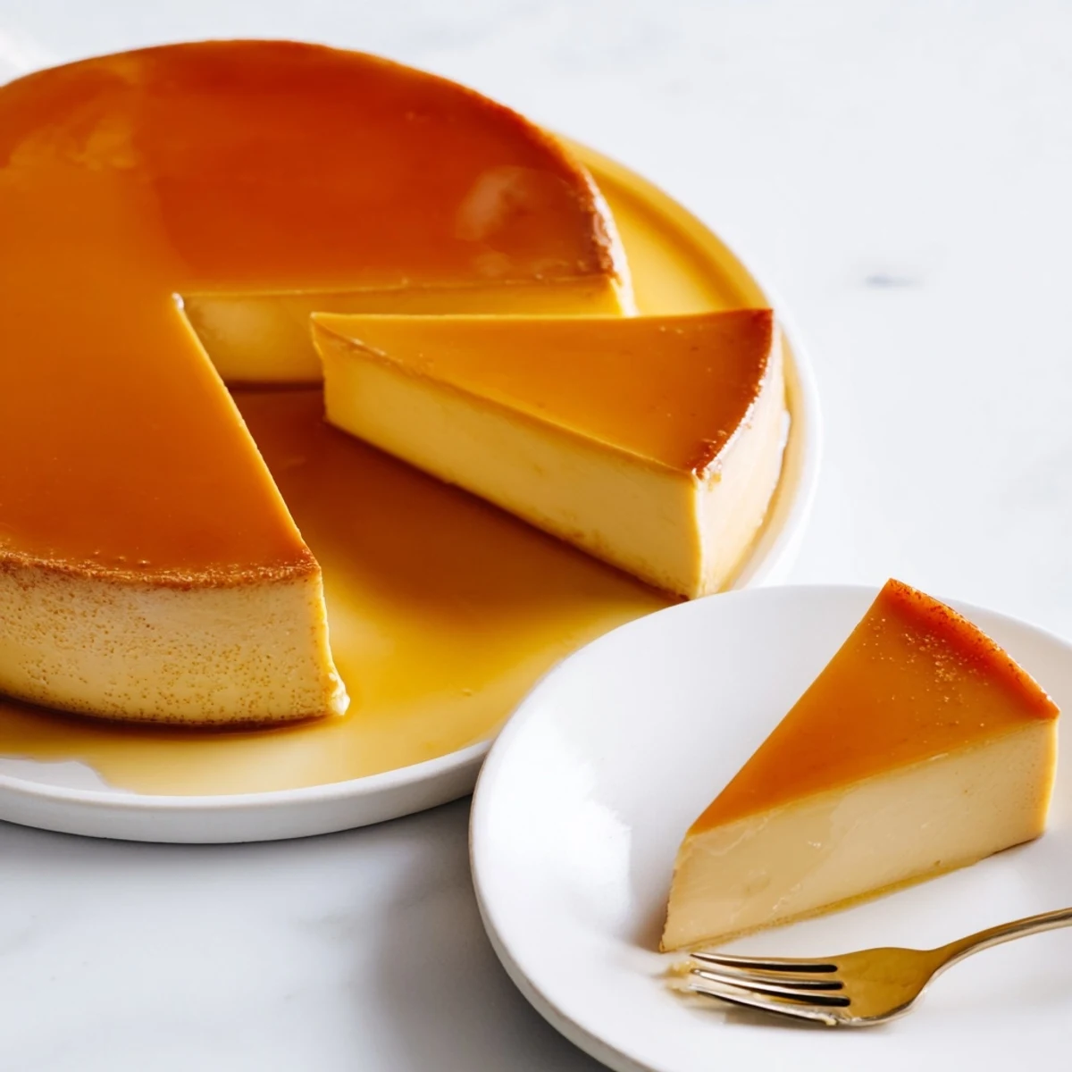 Creamy Flan Napolitano recipe chilled overnight, drizzled caramel and fresh berries