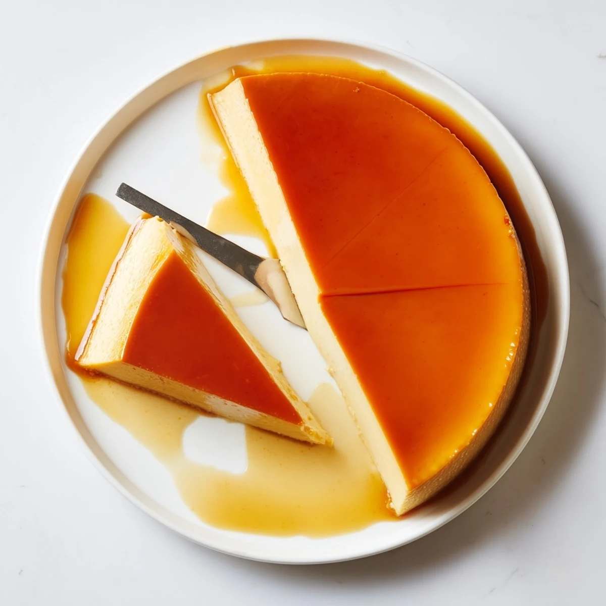 Homemade Flan Napolitano set in pan, velvety custard shimmering under caramel