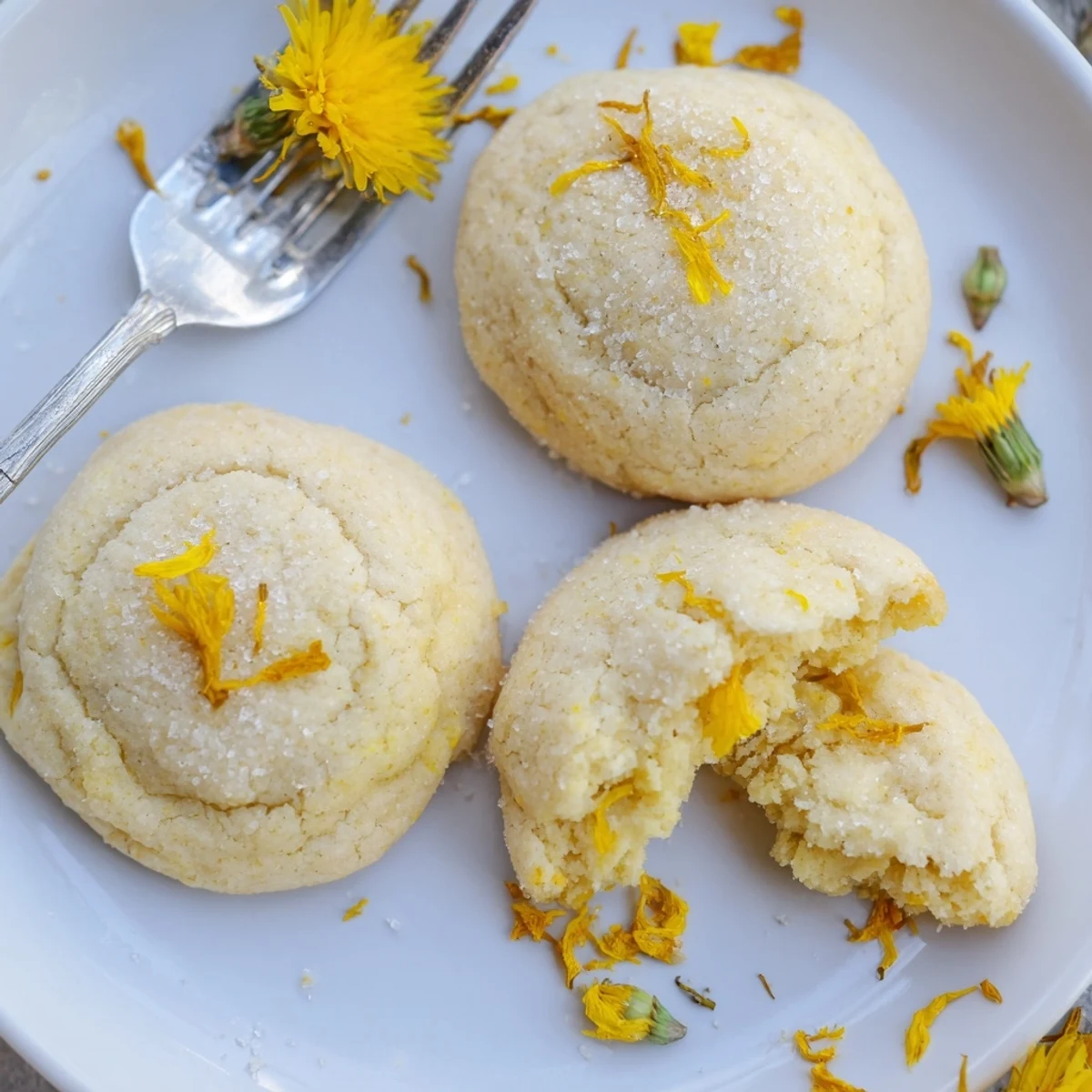 Close-up of buttery Magical Dandelion Cookies Recipe showing delicate yellow petals.