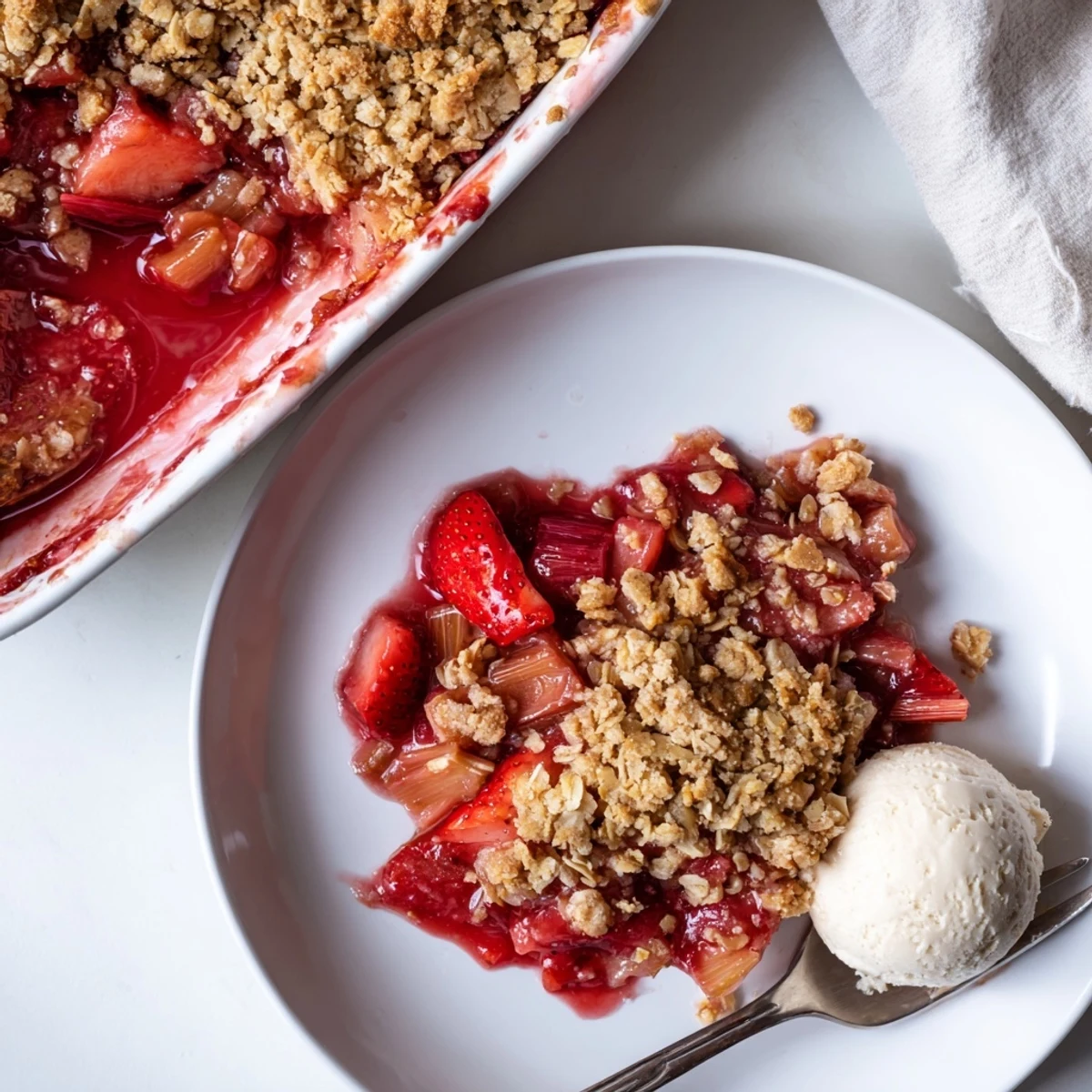 Strawberry Rhubarb Crisp Recipe showing bubbling fruit beneath golden oat topping.