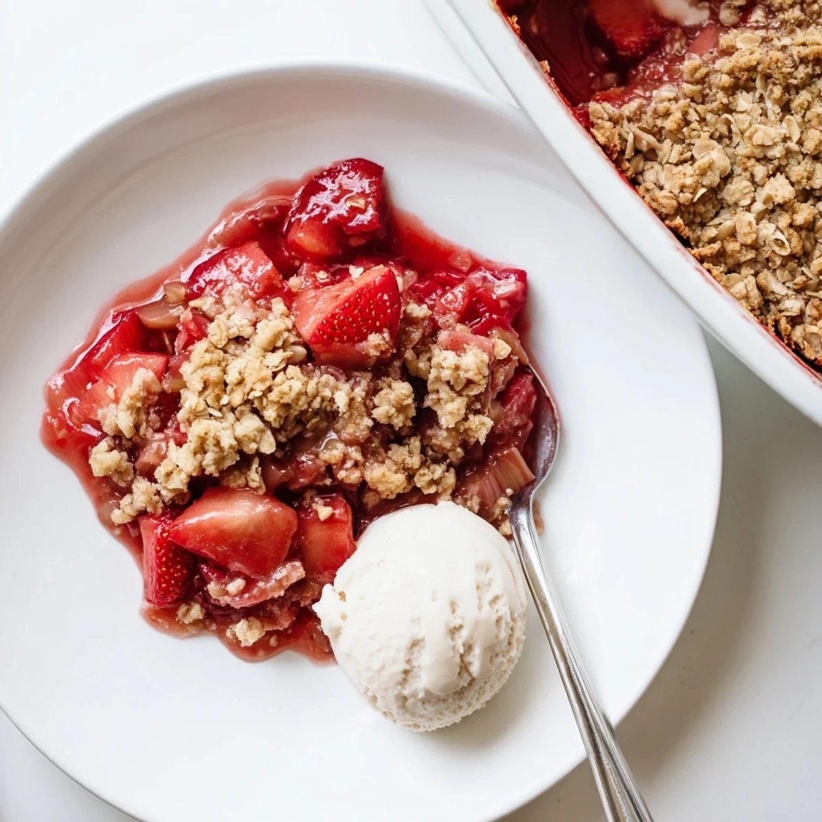 Warm Strawberry Rhubarb Crisp Recipe served with melting vanilla ice cream.