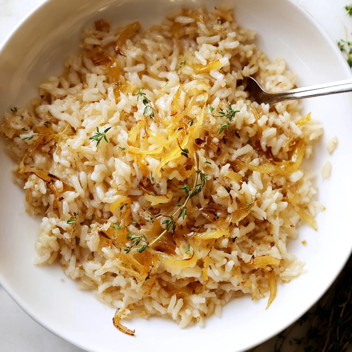French Onion Soup Rice bubbling with melted Gruyère, caramelized onions, toasted crouton topping