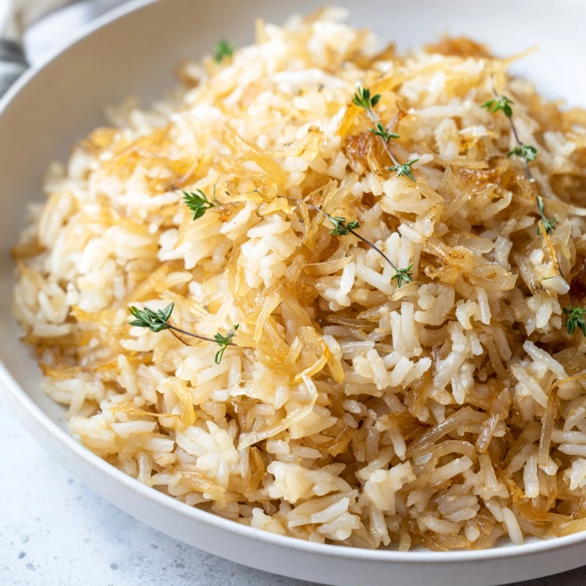 Hearty French Onion Soup Rice in casserole, golden cheese crust and steam