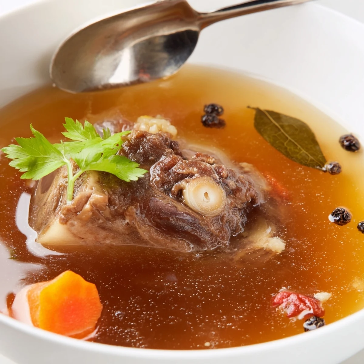 Homemade Beef Bone Broth ladled from pot, fragrant carrots and herbs